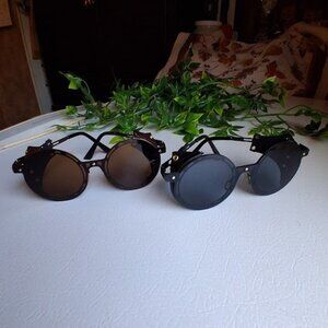 Steampunk Round Sunglasses w/ Side Shields: BOGO – 1 'Tea' (Brown) 1 Black, NEW!